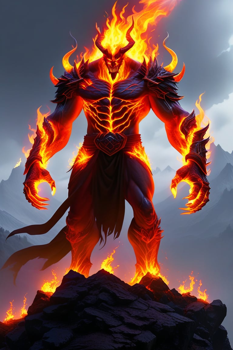 an evil man stands on a hill top. He uses the magic spell and turns into a powerful fire magic \(ek_ge1frt\) monster,ek_game_3ffect,