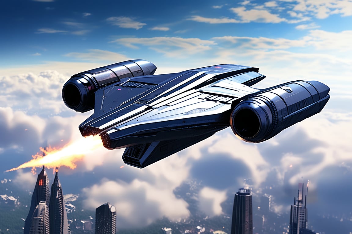 A starship razor crest \(star wars\) flying over a city,sky,cloud,futuristic city skyscrapers,firing cannons on head side,blue colored canopy,thrusts from the jet engine,realistic,detailed,sharp focus,ek_raz0r_cre5t,ek_rcfr0nt_left