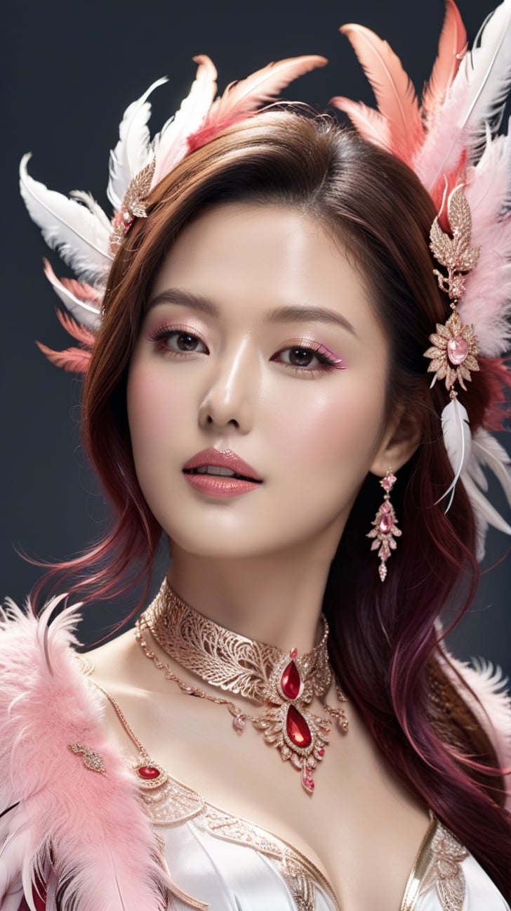 A gorgeous woman,alluring neighbor's wife,detailed exquisite symmetric face,make up,foxy eyes,soft shiny skin,studio photo,majestic,opulent,filigree jewelleries and fluffy feathers,pink white gold scarlet colors,untra-detailed,magic,epic,fantasy,barok,(full body sideview:1.3),jeon_jihyun