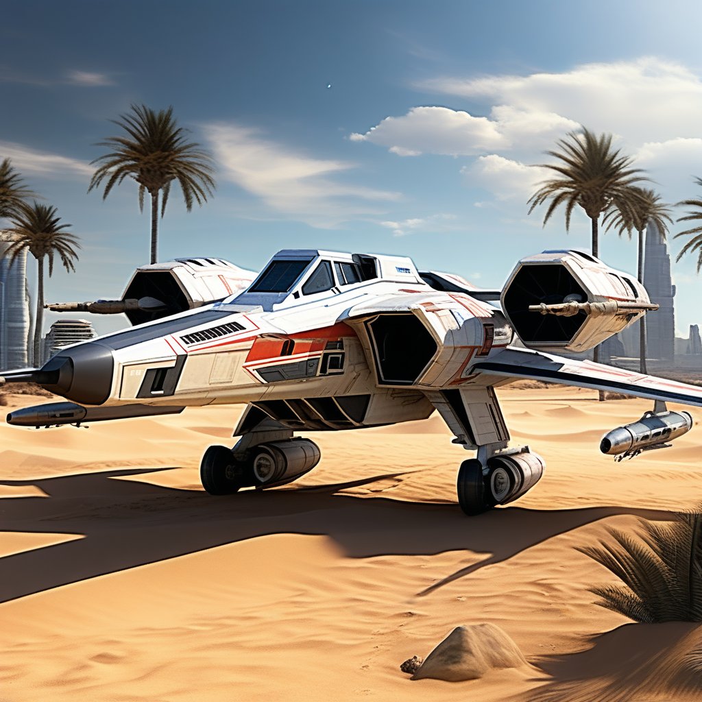 A realistic photo of starship x-wing starfighter in Star Wars universe,parked on ground with stands on desert,wings folded,laser cannons at each wing tip,engines located at wing root,desert,sand,palm tree,,sky,cloud,cityscrapes,front left view,R2 D2 walking around next to the ship,
ek_starsh1p,ek_xw1ng,ek_xwf1