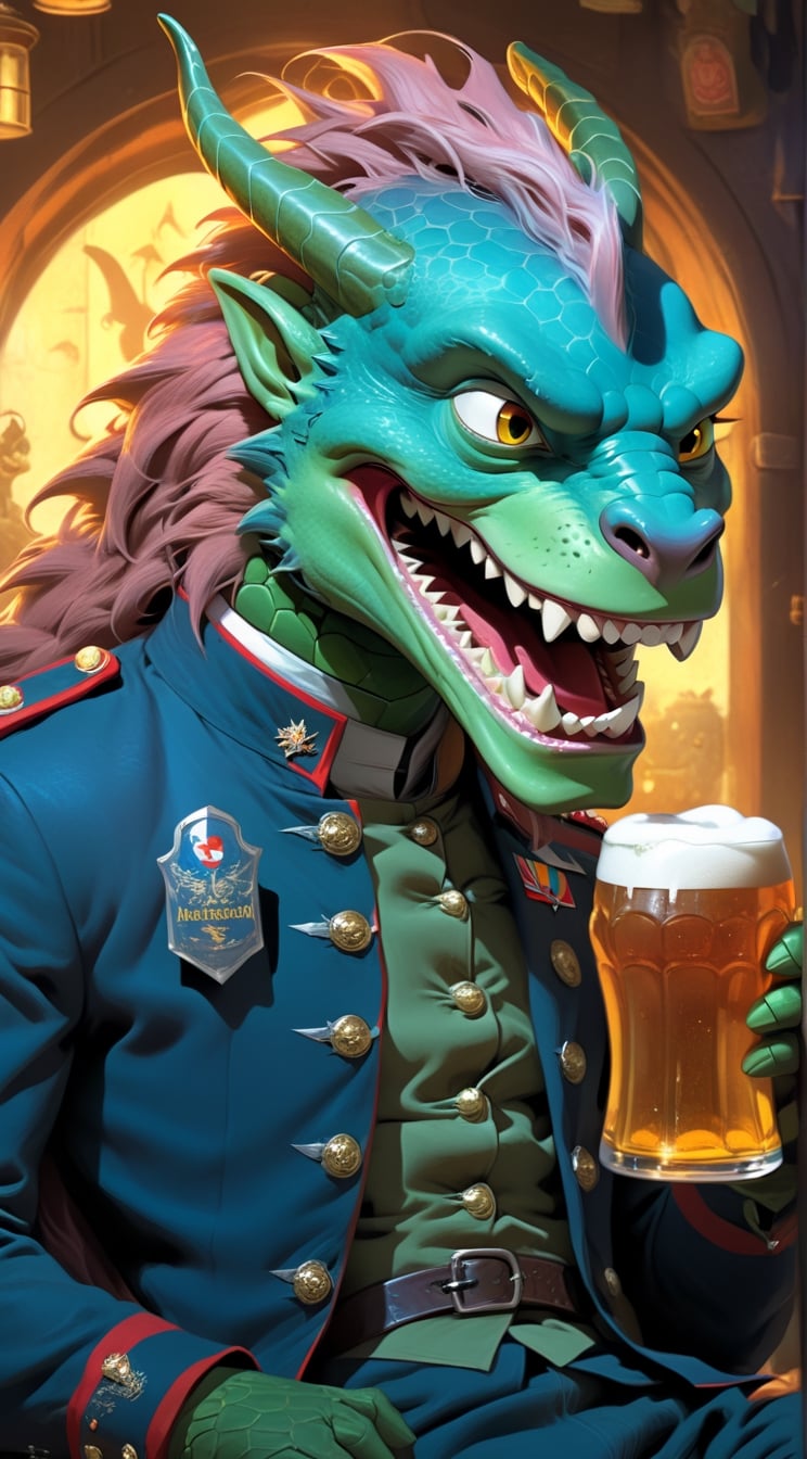 Cartoon: a funny-looking dragon man with a bad tooth, wearing military uniform, holding a big mug of beer, looking around,a cute adorable Kristen Stewart-lookalike princess sitting next,highly detailed,vibrant colors,chairoscuro lighting,trending on artstation,digital artwork by Hayao Miyazaki and Stephen Hillenburg,niji5