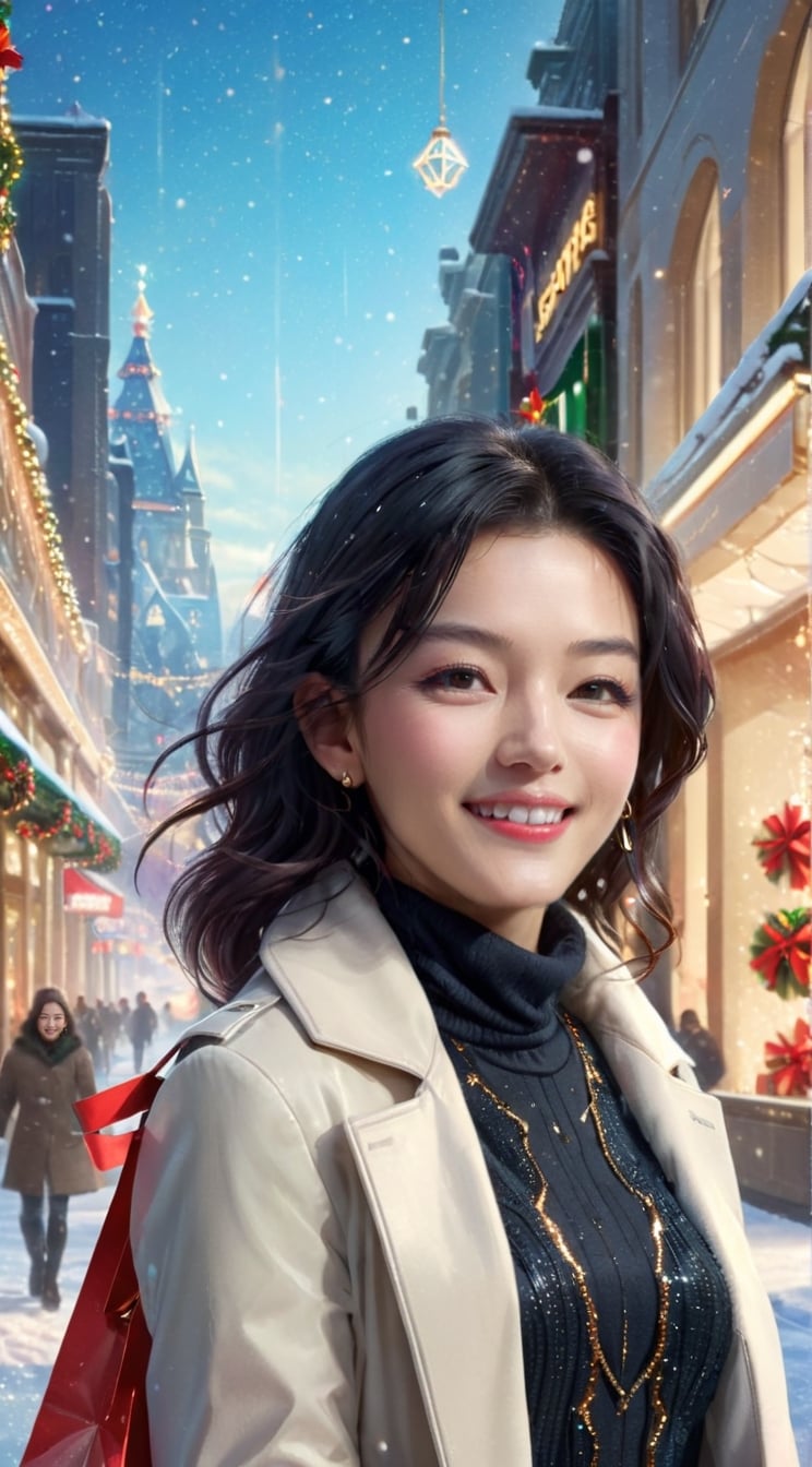 "Generate an image of a sophisticated young woman (23 years old) embracing the Christmas spirit as she indulges in holiday shopping at a chic city department store. Dressed in elegant winter fashion, she navigates through the glittering displays, carefully selecting gifts with a discerning eye. The bustling atmosphere is filled with festive decorations, sparkling lights, and the joyful hum of holiday music. The woman carries elegant shopping bags, and her face radiates excitement and satisfaction as she explores the upscale boutiques. This scene captures the glamour and thrill of Christmas shopping in a stylish urban setting." BREAK

(masterpiece,best quality,ultra-detailed,8K,intricate, realistic:1.3),(full body, wide shot:1.3),smile,black hair,sharp nose, small face,earrings,jewelry, shiny skin, detailed exquisite symmetric face,cinematic lighting,1 girl,Color Booster, leonardo,style,cyberpunk style,greg rutkowski, jeon_jihyun