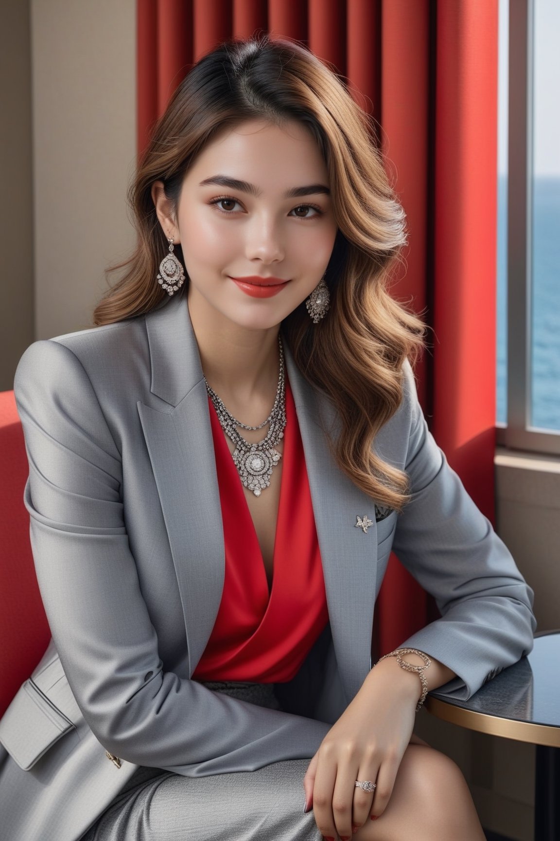 Hyper-Realistic photo of a french girl sitting in a hotel room chair,20yo,1girl,perfect female form,perfect body proportion,perfect anatomy,red and grey color,elegant jacket ,detailed exquisite face,soft shiny skin,smile,mesmerizing,disheveled hair,small earrings,necklaces,chanel bag,cluttered maximalism
BREAK
(backdrop of a beautiful night scene of Gwang Ahn Dae Gyo bridge in Busan,Korea,ocean,bridge,table, window,curtain,coffee mug),(fullbody:1.2)
BREAK
(rule of thirds:1.3),perfect composition,studio photo,trending on artstation,(Masterpiece,Best quality,32k,UHD:1.4),(sharp focus,high contrast,HDR,hyper-detailed,intricate details,ultra-realistic,award-winning photo,ultra-clear,kodachrome vintage:1.25),(chiaroscuro lighting,soft rim lighting:1.15),by Karol Bak,Antonio Lopez,Gustav Klimt and Hayao Miyazaki,photo_b00ster,real_booster,art_booster