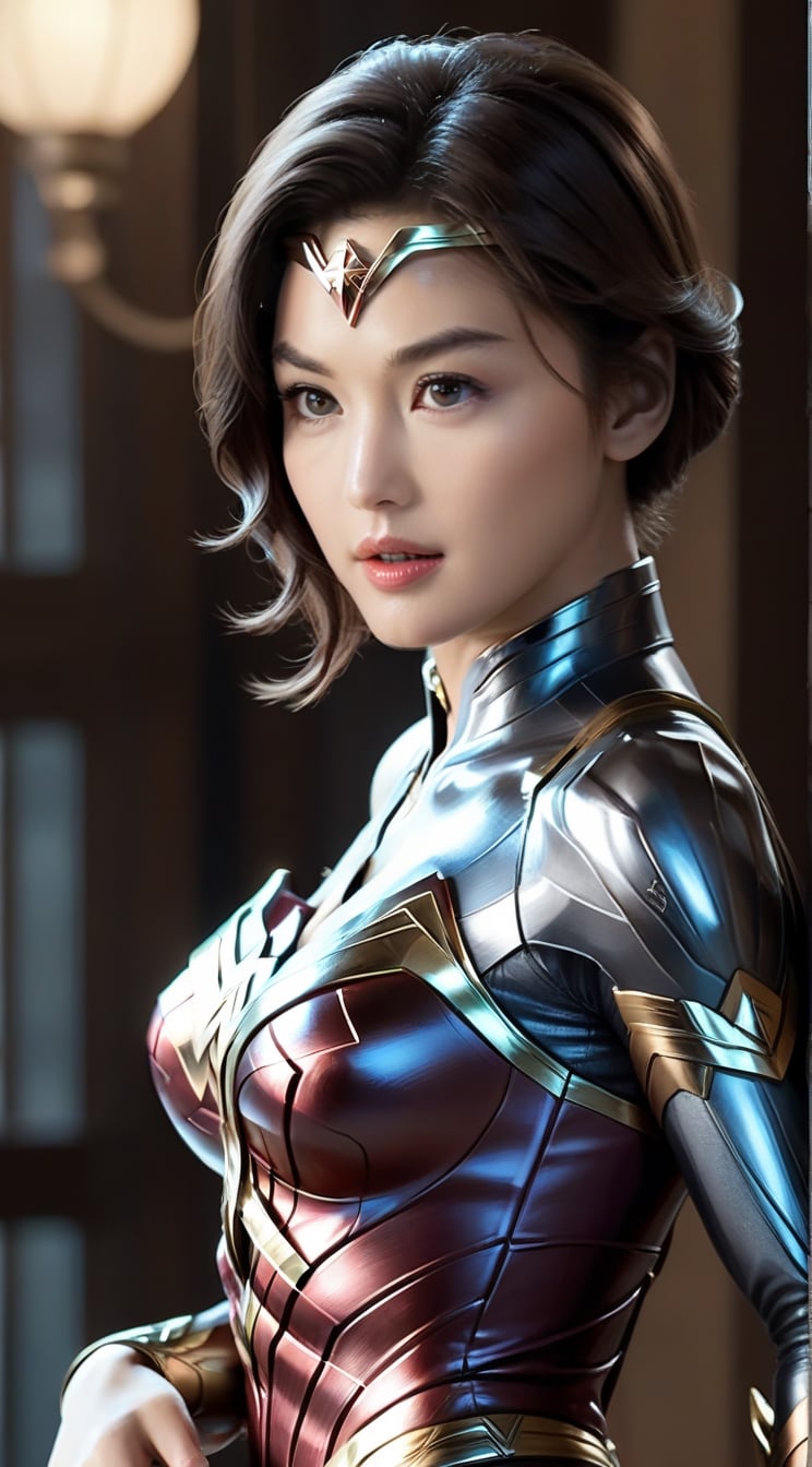 A sophisticated woman,detailed exquisite symmetric face,soft shiny skin,detailed eyes,sharp nose,short hair,hourglass figure,perfect female form,slim and tall model body,bokeh,mesmerizing and alluring,looking at viewer,rule of thirds,by SakimiChan and Yoji Shinkawa and serafleur,(head to thigh sideview:1.3),more detail XL,wonder-woman-xl,jeon_jihyun