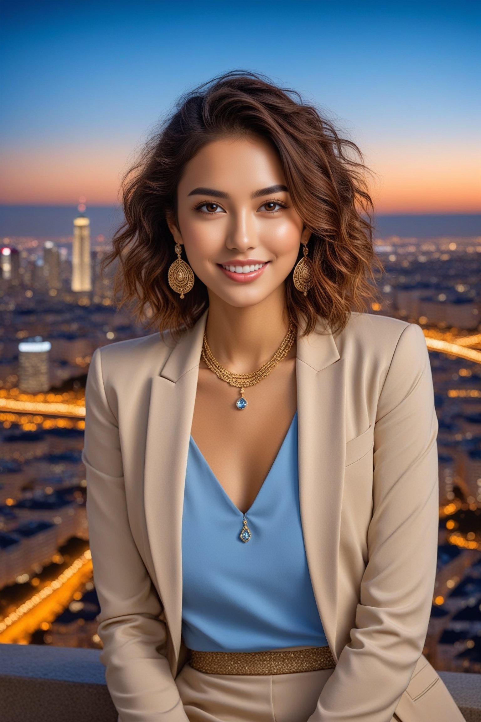 Hyper-Realistic photo of a brazilian girl,20yo,1girl,perfect female form,perfect body proportion,perfect anatomy,elegant jacket,detailed exquisite face,soft shiny skin,smile,mesmerizing,disheveled hair,small earrings,necklaces,(Beige,Maltese Terracotta,Baby Blue color:1.0),(backdrop of the skyline and night view of Frankfurt,numerous skyscrapers:1.0),(fullbody:1.2),girl focus
BREAK
rule of thirds,perfect composition,studio photo,trending on artstation,(Masterpiece,Best quality,32k,UHD:1.5),(sharp focus,high contrast,HDR,hyper-detailed,intricate details,ultra-realistic,award-winning photo,ultra-clear,kodachrome 800:1.3),(cinematic lighting),by Karol Bak,Gustav Klimt and Hayao Miyazaki,real_booster, photo_b00ster,ani_booster,art_booster,kuchiki rukia