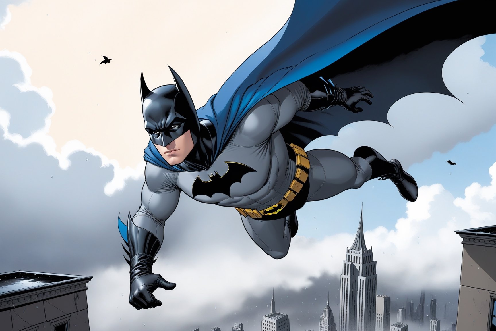 Digital illustration of Batman flying down from a building top,gloves,1boy,male focus,sky,cloud,cape,bodysuit, mask,bird,building,flying,city,superhero,rainy,very dark,view from the ground
BREAK
(rule of thirds:1.3),perfect composition,trending on artstation,finesse of pen and ink,by Frank Miller,photo_b00ster, real_booster,art_booster,ani_booster