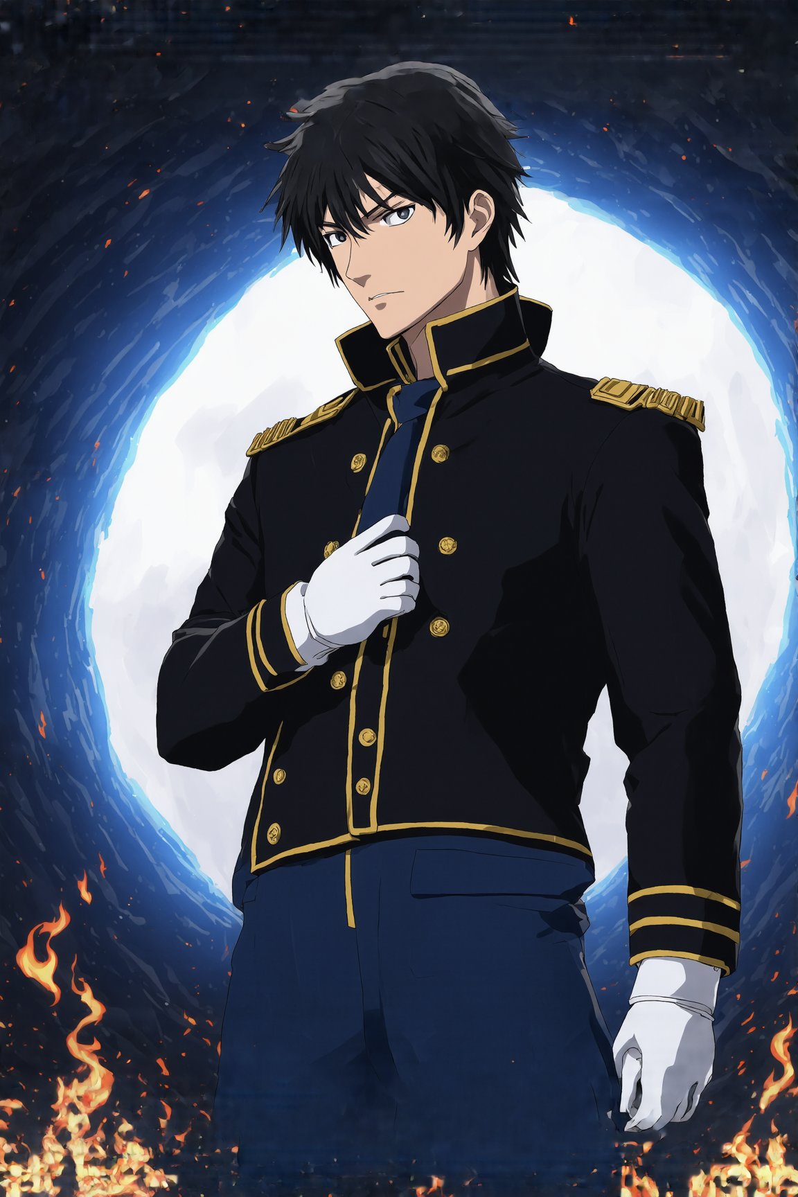 Roy Mustang, a lone figure shrouded in darkness, gazes directly at the viewer with an expressionless face, black hair neatly styled, and white gloves glistening under the dim light. He stands tall, sleek army colonel uniform perfectly aligned, military coat on shoulders, blue pants reflecting the faint embers of flames dancing nearby. His eyes gleam like polished coal, a hint of seriousness etched on his face as he adjusts his jacket's collar. Flickering sparks with flames illuminate the dark tunnel backdrop, where the edges of his long sleeves and gloves seem to absorb the light.
BREAK 
(rule of thirds:1.3),perfect composition,trending on artstation,(thick and clear drawing lines:1.3),(masterpiece,best quality,32K,UHD,sharp focus,high contrast,hyper-detailed,intricate details,ultra-clear,cinematic lighting,vivid colors:1.5),ek_ani_b00ster,ek_art_b00ster