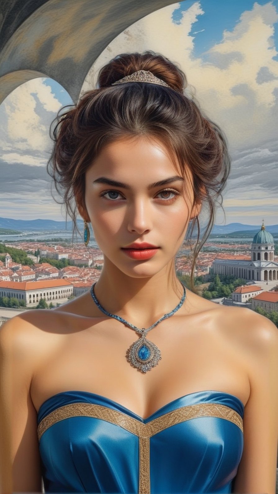 ((Hyper-Realistic:1.3)) (fullbody:1.3) photo of a girl,20yo,1girl,italian girl,detailed exquisite symmetric face,soft shiny skin,glossy lips,smile,mesmerizing, disheveled hair,small earrings,necklaces,perfect female form,perfect body proportion,perfect anatomy,elegant dress,[Turquoise,Baby Blue,Mustard Yellow,Gray color],(distant view:1.3)
BREAK
(backdrop of Esztergom Basilica,with magnificent cathedrals in northern Hungary,distant view:1.3)
BREAK
rule of thirds,perfect composition,studio photo,trending on artstation,(Masterpiece,Best quality,32k,UHD:1.7),(sharp focus,high contrast,HDR,ray tracing,hyper-detailed,intricate details,ultra-realistic,award-winning photo,kodachrome 800:1.7),(chiaroscuro lighting,soft rim lighting,key light reflecting in the eyes:1.5),by Karol Bak,Alessandro Pautasso and Hayao Miyazaki,
real_booster,art_booster,photo_b00ster