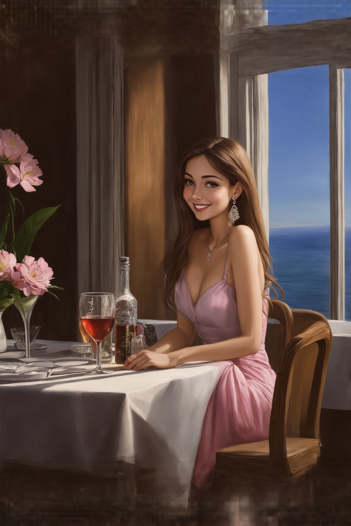 a girl sitting in a cafe,20yo,1girl,elegant dress,smile, long hair flowing on her shoulder naturally,small earrings, necklaces,(Pink and White colors),Jessica ALba lookalike,(dark)
BREAK
backdrop:ocean view cafe,cocktail,bottle,window,flower,at night,cluttered maximalism

settings:(rule of thirds:1.3),perfect composition,depth of perspective,(masterpiece,best quality,detailed,realistic), chiaroscuro lighting
BREAK
by Antonio Lopez,Diego Koi,David Parrish,Canaletto and Edward Hopper,ek_real_b00ster,ek_art_b00ster,ek_ani_b00ster