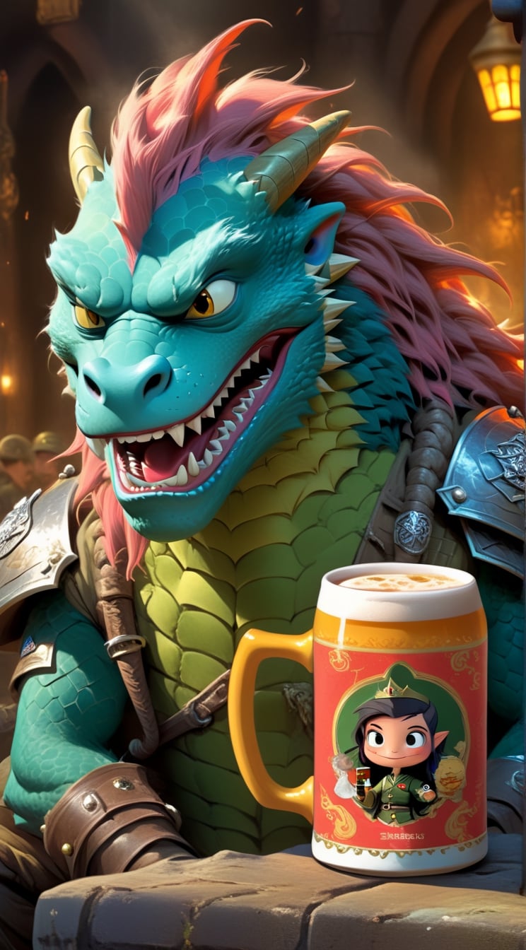 Cartoon: a funny-looking dragon man with a bad tooth, wearing military uniform, holding a big mug of beer, looking around,a cute adorable Kristen Stewart-lookalike princess sitting next,highly detailed,vibrant colors,trending on artstation,digital artwork by Hayao Miyazaki and Stephen Hillenburg,niji5