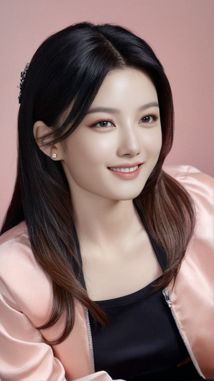 Hyper-realistic upperbody image of a girl sitting in office,20yo,detailed symmetric face,detailed soft shiny skin,(black eyes),small face,playful smirks,long black hair,jewelry,elegant jacket on shirt,jewelry,city skyline backdrop,studio photo,(Apricot,Coral Pink,Olive Green, Sand Beach color),trending on artstation,(model photography,Masterpiece,HDR, intricate details,sharp focus,high contrast,Kodakchome 800:1.2),rembrandt lighting,by Karol Bak,Alessandro Pautasso and Hayao Miyazaki,real_booster, art_booster,kim youjung