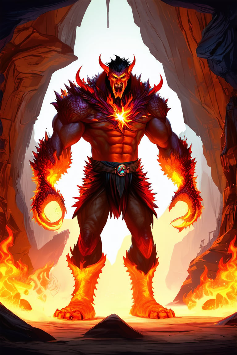 An evil man stands in a cave. He uses magic spell and turns into the fire monster \(ek_ge1frt\),
,fire elemental effect, ek_game_3ffect,realistic,