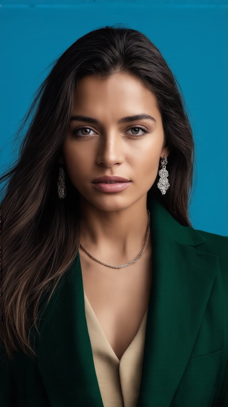 ((Hyper-Realistic)) upper body photo of a beautiful girl,(20yo),1 girl,solo,French girl,detailed exquisite face,soft shiny skin,looking at viewer,long brunette hair flowing over her shoulder naturally,perfect female form,playful smirks,mesmerizing,earrings, necklace,elegant jacket,(Modern Green,Hazel Brown and Cream color),night,(dark background:1.2),blue background,cluttered maximalism
BREAK
settings:(rule of thirds),perfect composition,depth of perspective,(masterpiece,best quality,32K,UHD 32K,HDR,untra-detailed,intricate details,hyper-realistic,Kodachrome 800:1.2),(chiaroscuro lighting:1.2)
BREAK
(by Antonio Lopez,Diego Koi,David Parrish,Sebastiao Salgado and Steve McCurry), ek_real_b00ster,ek_art_b00ster,ek_ani_b00ster,ek_photo_booster