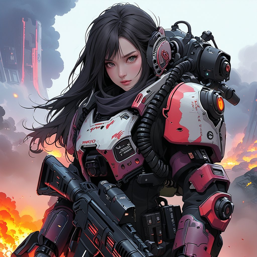 a girl in warhammer 4K style armor suit \(ek_g4k\),holding rifle,ek_game_3ffect,looking at viewer,blurry alien landscape background,smoke,flame,dynamic angle,anime style by makoto shinkai,detailed, ek_ph0t0_b00ster, ek_an1_b00ster,upperbody shot