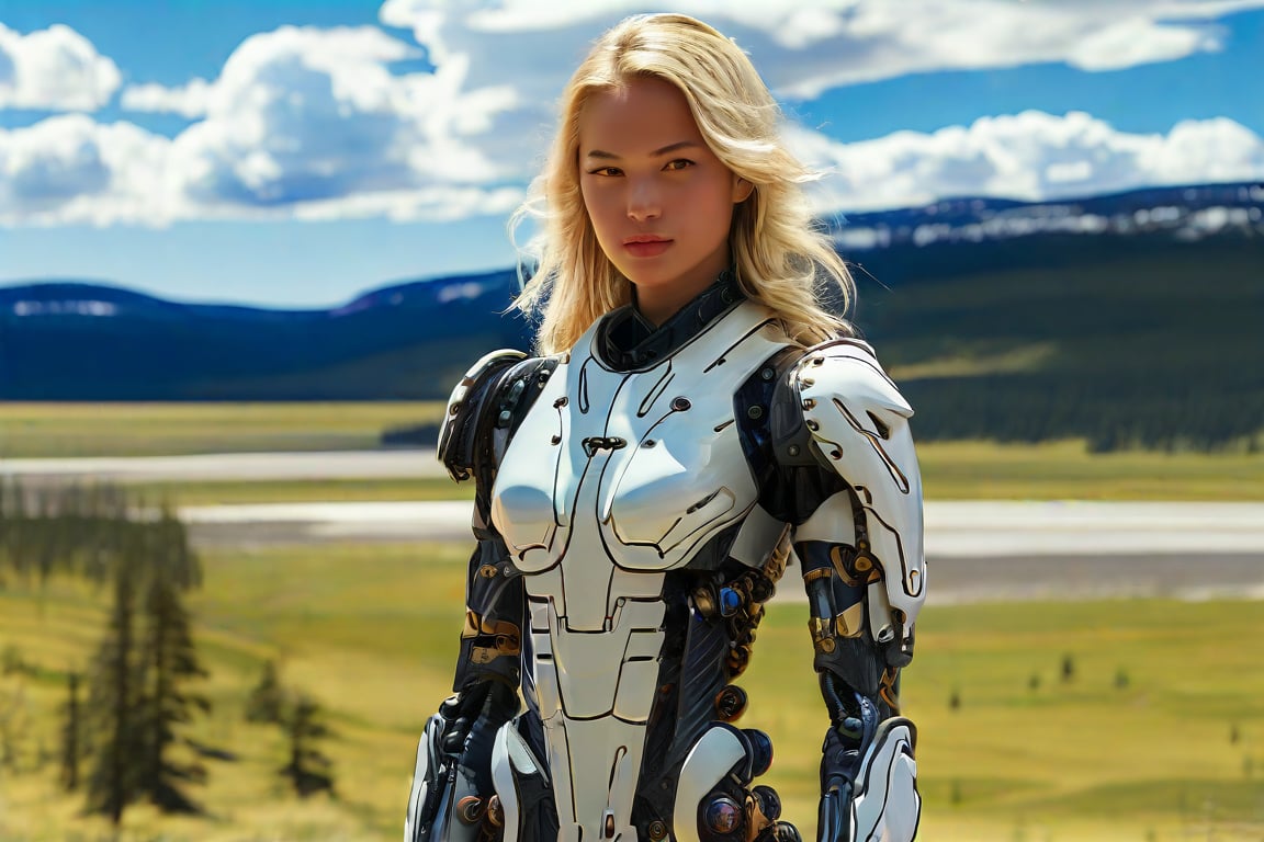 a cyborg girl standing in lamar valley of Yellowstone,20yo,American girl,clear facial features,model body,detailed blonde hair,vibrant colors,perfect body proportions,highly detailed form-fitting mecha armor,upper body focus,[backdrop:lamarva11ey,outdoors,sky,day, cloud,tree,cloudy sky,grass,nature, beautiful scenery,mountain,winding road,landscape, american bisons],(girl focus),bison focus,
 BREAK rule of thirds,studio photo,masterpiece,sharp focus,high contrast, trending on artstation,detailed,intricate details,realistic,cinematic lighting,Ye11owst0ne