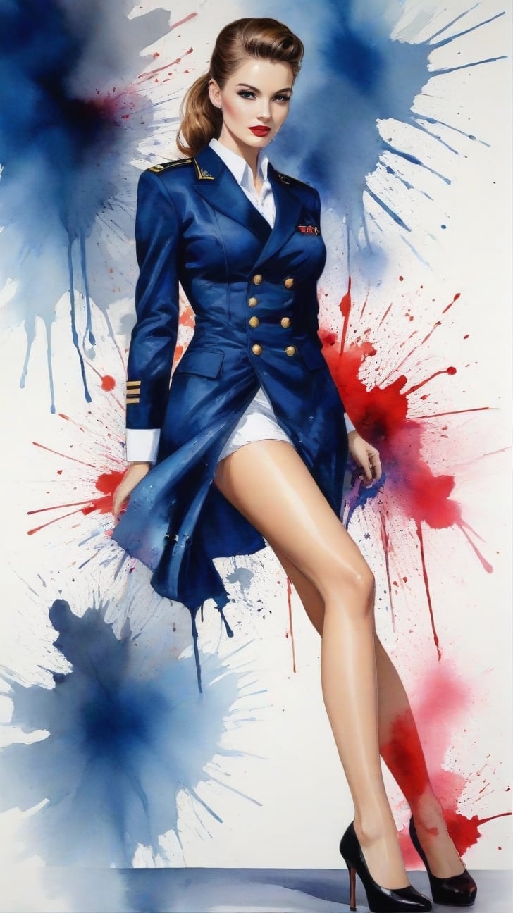 (alcohol ink watercolor art) of a beautiful 20yo US Navy officer in Navy uniform,model body,1girl,exquisite face,heels
BREAK 
colorful splatters and ink stains backdrop,(Frank Miller's Sin City style:1.3),trending on artstation,CG society,(rule of thirds:1.5),art_booster,minimalist,artint