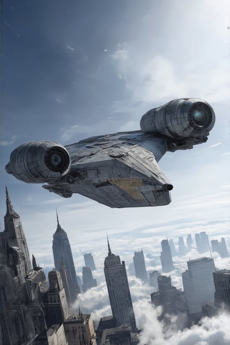 A starship razor crest \(star wars\) flying over a city,sky,cloud,futuristic city skyscrapers,cannons on head side,canopy on head top,jet engine on wing tip,top mounted wingsblunt head,door on left side,realistic,detailed,sharp focus,high contrast, ek_raz0r_cre5t,ek_rcfr0nt_left