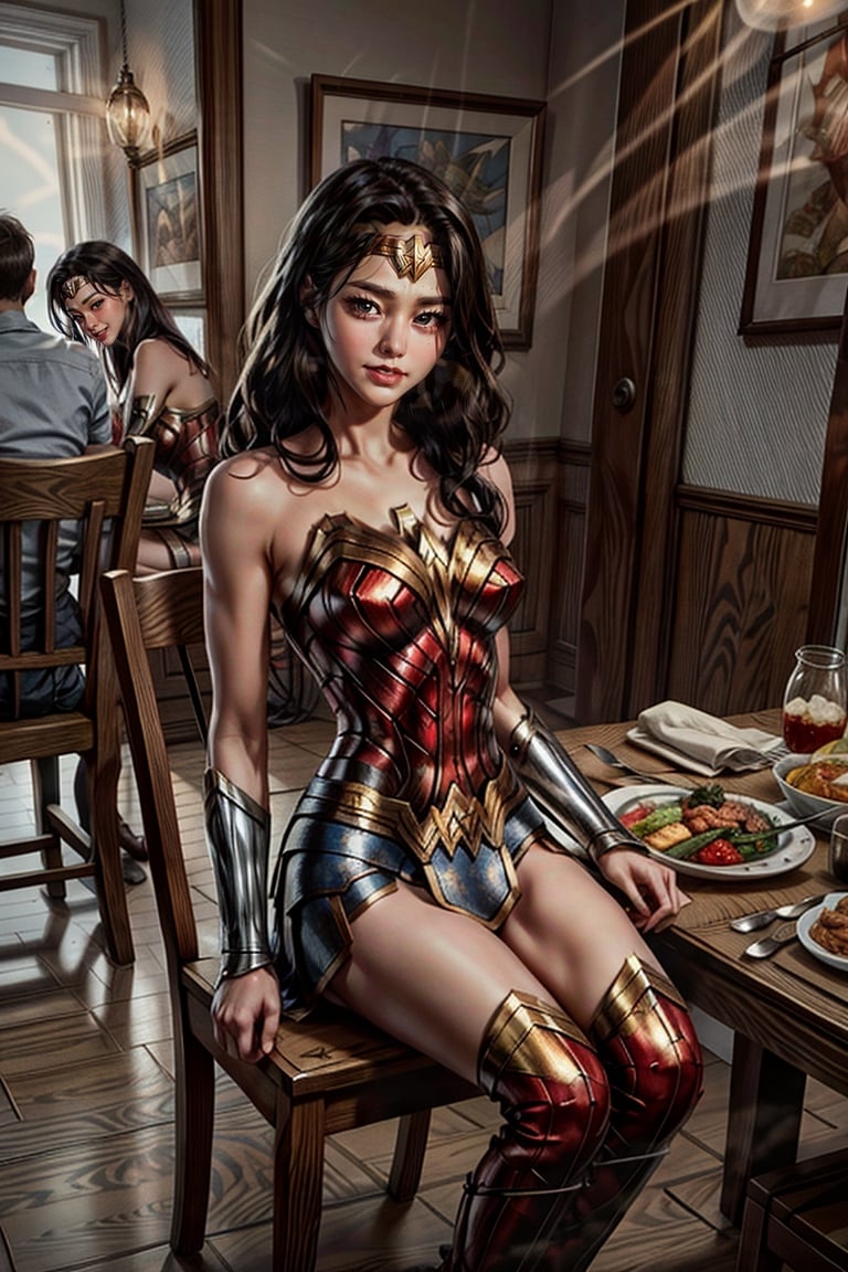 four wonder woman sisters having thanksgiving dinner together sitting at dining table of the kitchen at home at night,chattering,(smile),(happy) family,by artgerm BREAK (masterpiece, best quality, ultra-detailed, 8K),moody lighting,wonder_woman,High detailed ,seolhyun