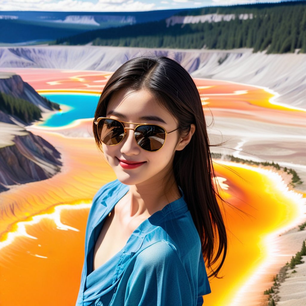 realistic photo of a beautiful Japanese girl standing in Grand Prismatic Spring of Yellowstone,20yo,sunglasses,detailed face,model body,looking at viewer,playful smirks,detailed hair blowing,vibrant colors,elegant urban fashion,upper body focus
BREAK
backdrop:detailed photo of Grand Prismatic Spring \(grandpr1smat1c\) in Yellowstone,1 spring,
 BREAK 
rule of thirds,studio photo,detailed,realistic,cinematic lighting,Ye11owst0ne,grandpr1smat1c