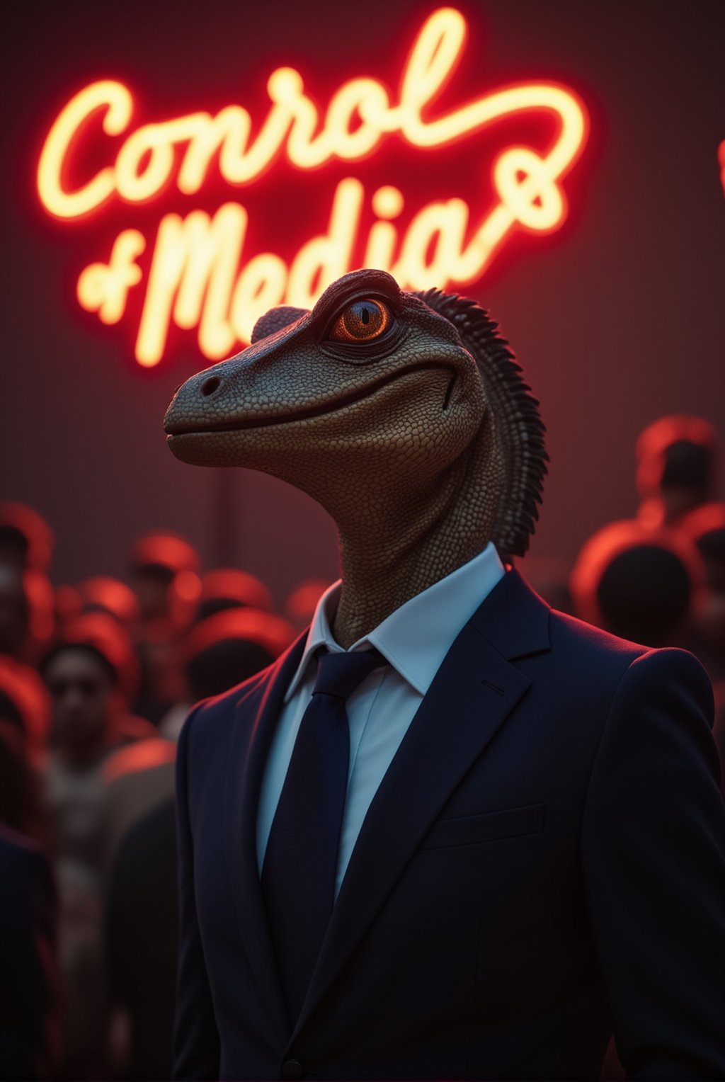 A sleek and imposing reptilian figure, dressed in a sharp suit, stands confidently in front of a crowd. Above it, a glowing neon sign reads 'Conrol of Media,' casting an eerie light on the scene. The reptilian’s true face is hidden behind a smiling human mask, projecting an air of charm and authority. While the onlookers are captivated by the charismatic façade, subtle hints of its true nature peek through—the gleam of scales and cold, calculating eyes just visible at the edges of the mask. This scene captures the eerie contrast between the reptilian overlord's deceptive appearance and its sinister intent, embodying the hidden control exerted over humanity.
BREAK
detailed exquisite face,soft shiny skin,realistic,detailed,sharp focus,high contrast,rule of thirds,depth of perspective,award-winning photo,chiaroscuro lighting,ek_g1rl_02,ek_ph0t0_b00ster