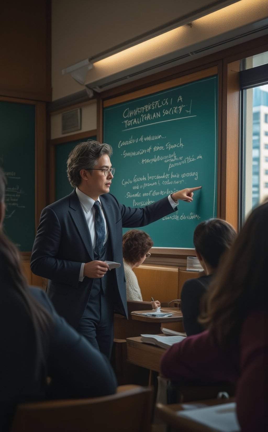 A dynamic classroom scene featuring a professor standing in front of a large chalkboard, passionately delivering a lecture. The professor, dressed in a professional suit, gestures toward the chalkboard, which prominently displays the title 'Characteristics of a Totalitarian Society' written in bold letters. Below the title, key bullet points are neatly listed, such as 'Control of Media,' 'Suppression of Free Speech,' 'State Surveillance,' 'Cult of Personality,' and 'Eradication of Dissent.' The professor’s expression is serious and engaged, as they explain each point with clarity and conviction. The classroom is filled with attentive students, some taking notes while others look up at the professor, captivated by the discussion. The room is well-lit, with sunlight streaming in from large windows, but the focus remains on the professor and the thought-provoking content on the board. The atmosphere in the room is one of intellectual curiosity and deep reflection, as the lecture delves into the oppressive mechanisms of totalitarian regimes and their impact on society.
BREAK
detailed,sharp focus,high contrast,rule of thirds,depth of perspective,award-winning photo,chiaroscuro lighting,ek_g1rl_02,ek_art_b00ster,beauy_ks01,ek_ph0t0_b00ster