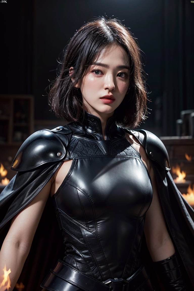 (masterpiece,best quality,ultra-detailed,8K,intricate, realistic),girl fights against a monster,clad in black cape,form-fitting black armor,flame background,black bob_cut,upper body,cinematic lighting,song-hyegyo