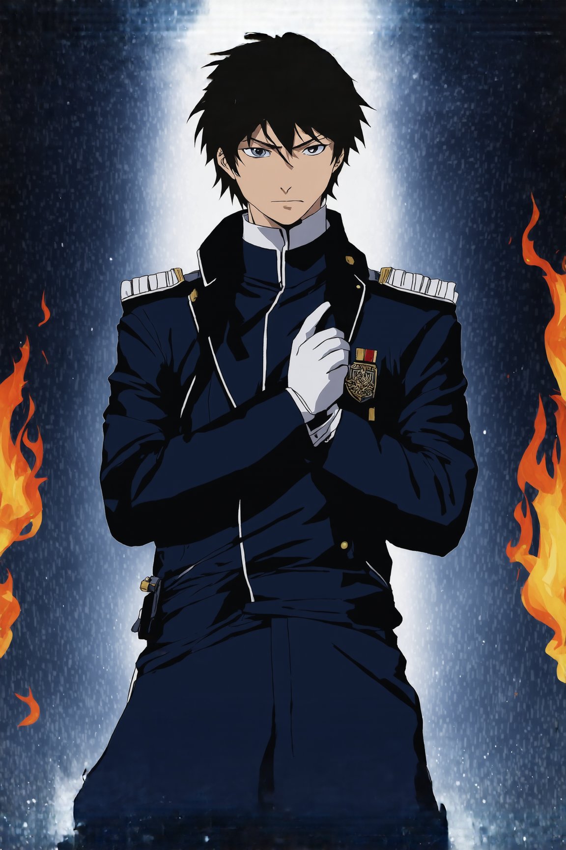 Roy Mustang, a lone figure shrouded in darkness, gazes directly at the viewer with an expressionless face, black hair neatly styled, and white gloves glistening under the dim light. He stands tall, sleek army colonel uniform perfectly aligned, military coat on shoulders, blue pants reflecting the faint embers of flames dancing nearby. His eyes gleam like polished coal, a hint of seriousness etched on his face as he adjusts his jacket's collar. Flickering sparks with flames illuminate the dark tunnel backdrop, where the edges of his long sleeves and gloves seem to absorb the light.
BREAK 
(rule of thirds:1.3),perfect composition,trending on artstation,(thick and clear drawing lines:1.3),(masterpiece,best quality,32K,UHD,sharp focus,high contrast,hyper-detailed,intricate details,ultra-clear,cinematic lighting,vivid colors:1.5),ek_ani_b00ster,ek_art_b00ster