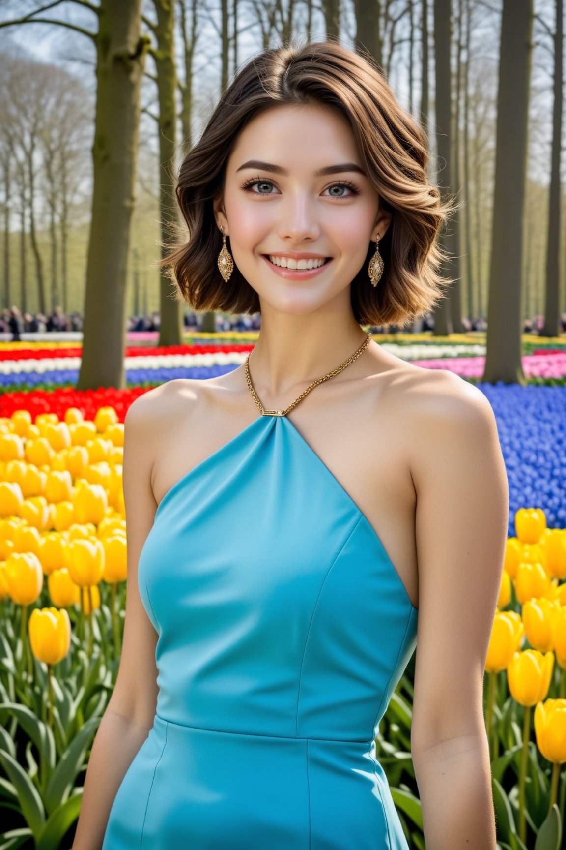 (Hyper-Realistic) photo of a girl,20yo,clear facial features,shiny skin,earrings,necklace,smile, mesmerizing,disheveled blowing short bobcut,perfect female form,perfect body proportion,perfect anatomy,elegant form-fitting short dress,( Turquoise,Baby Blue,Mustard Yellow,Gray color),(fullbody:1.3),(shoes:1.3)
BREAK
(backdrop of one of the largest and most spectacular flower gardens in the world, also known as the “Garden of Europe”. Located in the Dutch town of Lisse, the park spans over 79 acres and features tulips, daffodils, hyacinths, and other spring flowers. Keukenhof Gardens, where more than 7 million bulbs, including flowers, are planted each year)
BREAK
rule of thirds,perfect composition,depth of perspective,studio photo,trending on artstation,(Masterpiece,Best quality,sharp focus,high contrast,HDR,hyper-detailed,intricate details,ultra-realistic:1.3),(cinematic lighting),by Karol Bak,Gustav Klimt and Hayao Miyazaki,photo_b00ster,real_booster, ani_booster