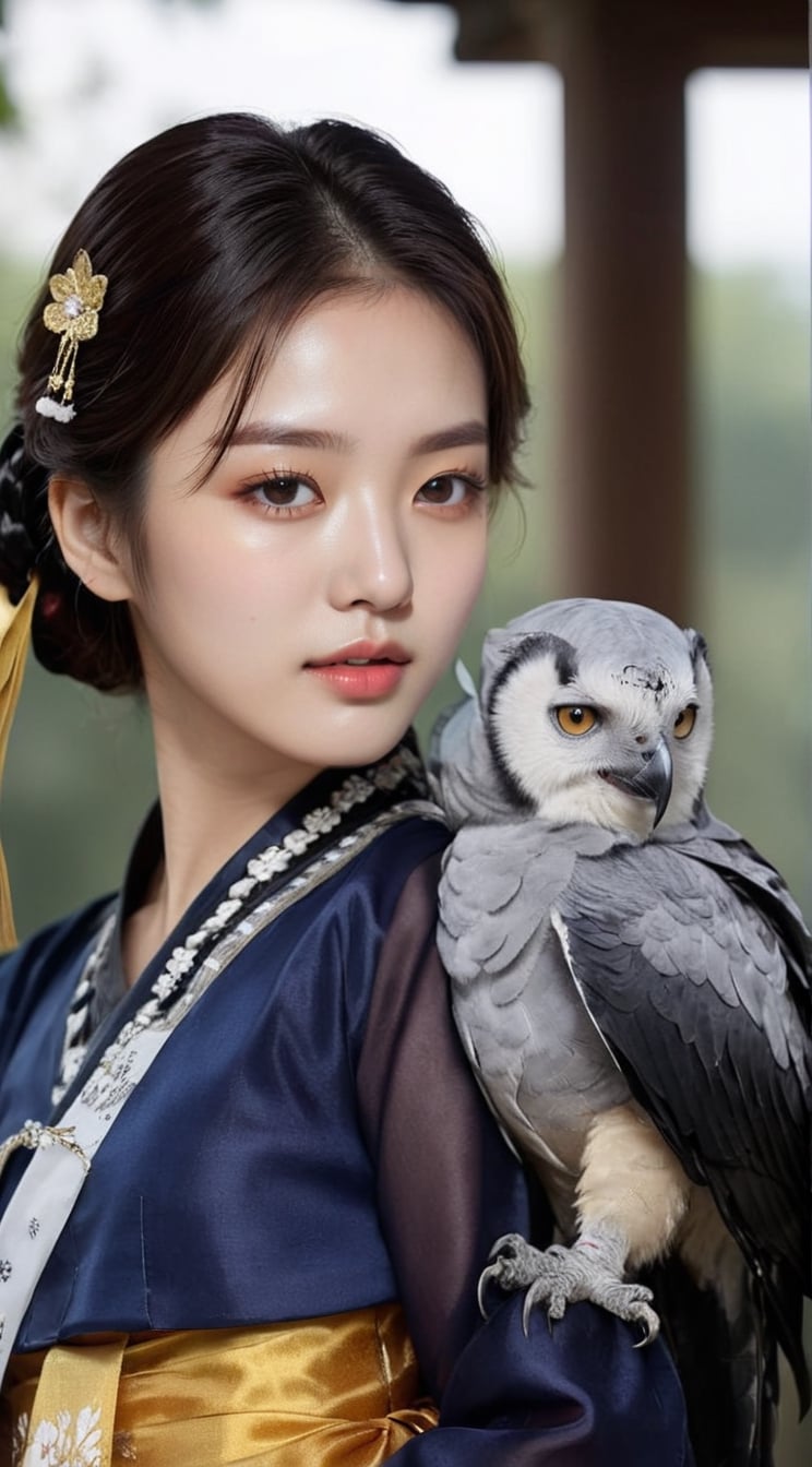 (1 22yo Korean idol girl),((best quality, 8k, masterpiece: 1.3)),focus:1.2,perfect body beauty:1.4,(smile: 1.2),(old palace in korea: 1.5),highly detailed face and skin texture,delicate eyes,double eyelids,whitened skin,(sharp high nose),(air bangs: 1.3),(round face: 1.5))
BREAK
1 harpy eagle flying,girl training a harpy eagle,harpy eagle spreading its wings from girl's shoulder,(girl wearing traditional Korean dress \(Black and Gold Cheollik\):1.2)
BREAK
random model pose,Head size in proportion to the body, Young beauty spirit,inkGirl,Hanbok,clear border,Clothing made of very thin silk,((full body shot1.2))
BREAK
(Masterpiece,Best quality,32k,UHD:1.5),(Sharp focus, High contrast,HDR,Hyper-detailed,award-winning photo,kodachrome 800:1.3),(cinematic lighting:1.2),(1girl:1.3),real_booster,art_booster