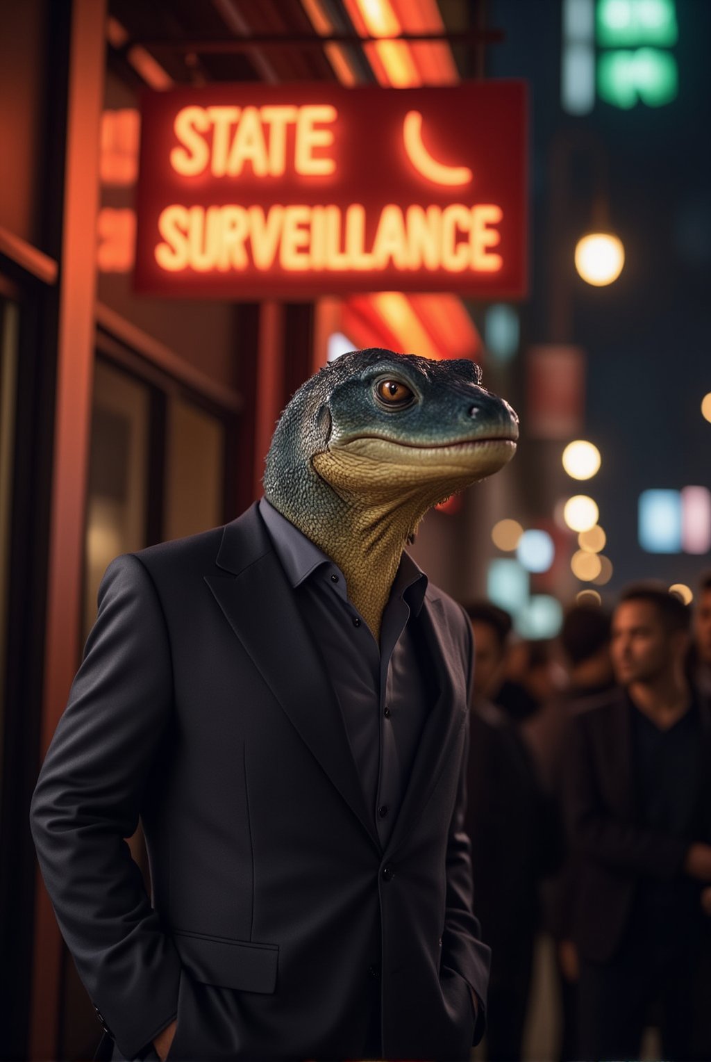 A sleek and imposing reptilian figure, dressed in a sharp suit, stands confidently in front of a crowd. Above it, a glowing neon sign reads 'State Surveillance,' casting an eerie light on the scene. The reptilian’s true face is hidden behind a smiling human mask, projecting an air of charm and authority. While the onlookers are captivated by the charismatic façade, subtle hints of its true nature peek through—the gleam of scales and cold, calculating eyes just visible at the edges of the mask. This scene captures the eerie contrast between the reptilian overlord's deceptive appearance and its sinister intent, embodying the hidden control exerted over humanity.
BREAK
detailed exquisite face,soft shiny skin,realistic,detailed,sharp focus,high contrast,rule of thirds,depth of perspective,award-winning photo,chiaroscuro lighting,ek_g1rl_02,ek_ph0t0_b00ster