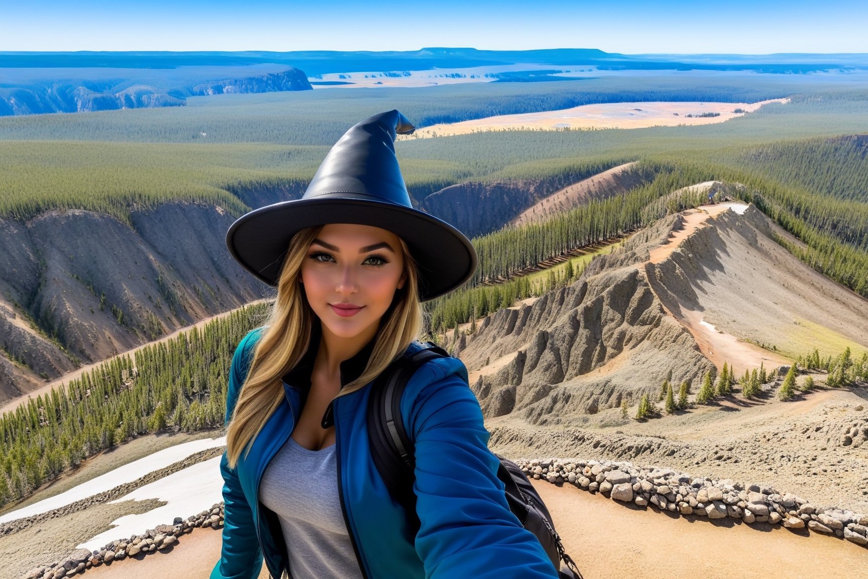 Highly detailed beautiful 1girl taking selfie at the vista point of mount washburn summit in Yellowstone,20yo,(wearing witchhat:1.3),(looking at viewer),clear facial features,model body,detailed hair,elegant jacket,vibrant colors,perfect body proportions,(close up:1.5)
BREAK
[mount washburn summit,wash9urn,outdoors,vista point,blue sky,day,rock,horizon,green mountain,landscape,trail,tree,handrail],(girl focus:1.5)
BREAK 
rule of thirds,studio photo,perfect composition,(masterpiece,sharp focus,high contrast,HDR, trending on artstation,8K,Hyper-detailed,intricate details,hyper realistic:1.3),cinematic lighting,by Karol Bak, Alessandro Pautasso and Hayao Miyazaki, art_booster,real_booster,photo_b00ster,ani_booster,Ye11owst0ne,InkyCapWitchyHat,Decora_SWstyle