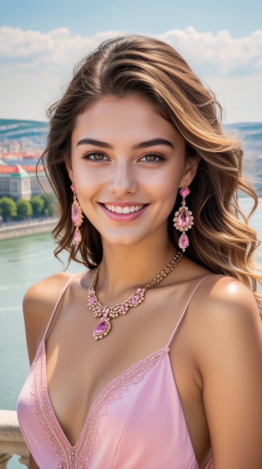 Hyper-Realistic photo of a girl,20yo,brazilian girl,clear facial features,detailed exquisite face,detailed eyes,detailed soft shiny skin,glossy lips,earrings,necklace, smile,mesmerizing,disheveled hair,perfect female form,perfect body proportion,perfect anatomy,pink dress, vibrant colors
BREAK
backdrop of Buda Castle in Hungary,overlooking the Danube River
BREAK
rule of thirds,perfect composition,depth of perspective,studio photo,trending on artstation,(Masterpiece,Best quality,sharp focus,high contrast,HDR,hyper-detailed,intricate details,ultra-realistic),(cinematic lighting),by Karol Bak,Gustav Klimt and Hayao Miyazaki,real_booster,art_booster, photo_b00ster