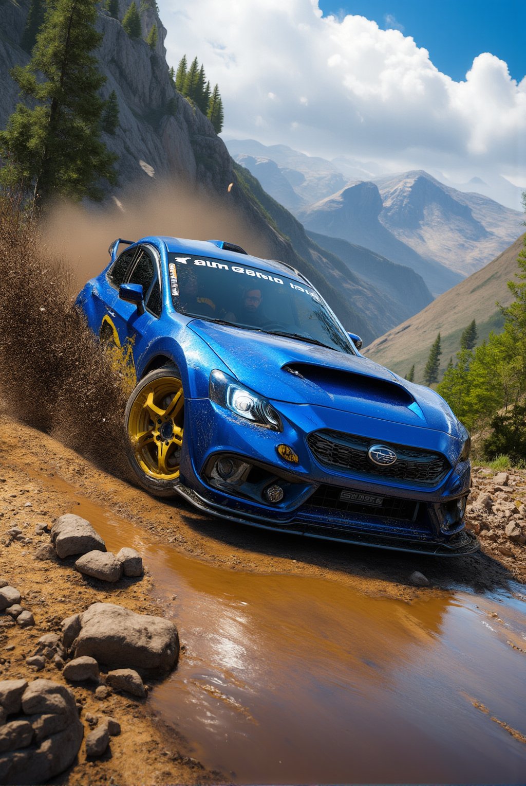 photo of Blue Subaru Impreza 2025 cornering and drifting beautifully at a mountain offroad muddy trail,splashing mud,Sports car,beautiful and complex racing livery,Blue color,shiny spinning wheels,glossy Yellow alloy rims,bright turned on head lights,driver silhouette,driving at high speed,(backdrop of Detailed Realistic mountain offroad trail for speed race,mountain view,trees,rock,hill,cloud,mud,cluttered maximalism),depth of perspective,vehicle focus,sports car,(wide shot) BREAK sharp focus,high contrast,studio photo,trending on artstation,rule of thirds,perfect composition,(Hyper-detailed,masterpiece,best quality,UHD,HDR,32K,shiny, glossy,reflective,kodachrome 800),.,ek_ph0t0_b00ster,ek_an1_b00ster,ek_art_b00ster,ek_game_3ffect