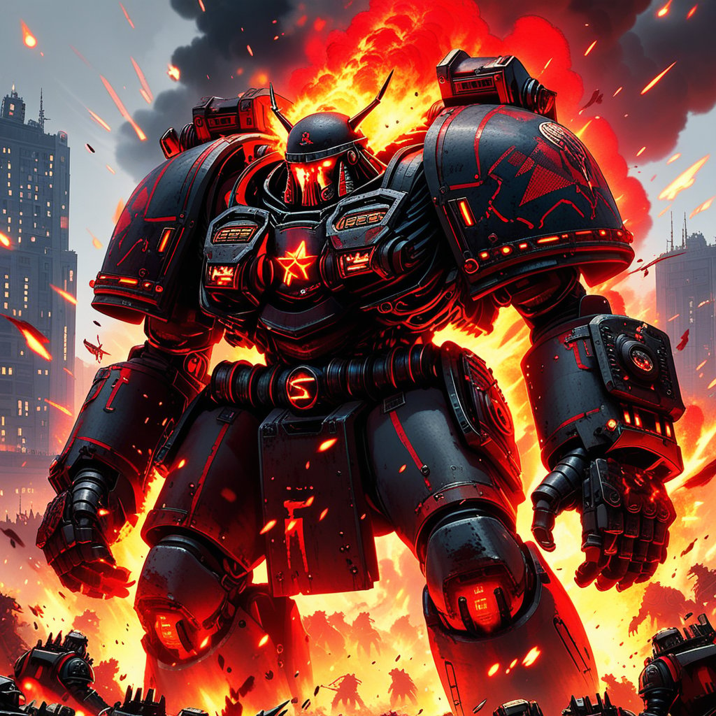 a Warhammer 40k IMPERIUM Skorpek Destroyer \(ek_ct4k\) standing in a battle field,black and red colored armor,ek_game_3ffect,blurry city background,explosion,fire,flame,dynamic angle,anime style by Makoto Shinkai,ek_ph0t0_b00ster, ek_an1_b00ster,upper body shot