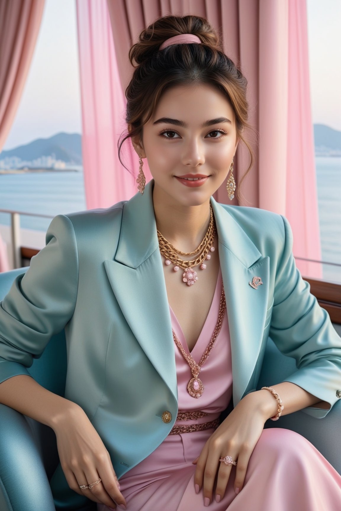 Hyper-Realistic photo of a french girl sitting in a hotel room chair,20yo,1girl,perfect female form,perfect body proportion,perfect anatomy,aqua and pink color,elegant jacket ,detailed exquisite face,soft shiny skin,smile,mesmerizing,disheveled hair,small earrings,necklaces,chanel bag,cluttered maximalism
BREAK
(backdrop of a beautiful night scene of Gwang Ahn Dae Gyo bridge in Busan,Korea,ocean,bridge,table, window,curtain,coffee mug),(fullbody:1.2)
BREAK
(rule of thirds:1.3),perfect composition,studio photo,trending on artstation,(Masterpiece,Best quality,32k,UHD:1.4),(sharp focus,high contrast,HDR,hyper-detailed,intricate details,ultra-realistic,award-winning photo,ultra-clear,kodachrome vintage:1.25),(chiaroscuro lighting,soft rim lighting:1.15),by Karol Bak,Antonio Lopez,Gustav Klimt and Hayao Miyazaki,photo_b00ster,real_booster,art_booster