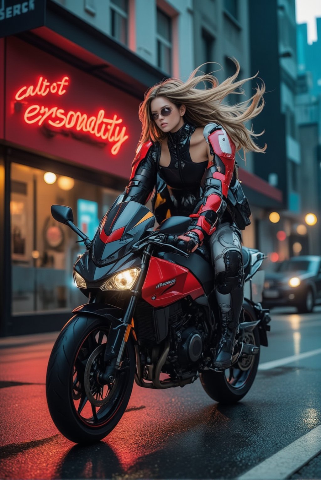 a cyborg girl in mecha armor. Black and red colored armor. neon light lines glowing, exquisite face, soft shiny skin, longhair blowing, sunglasses. riding a motor cycle, kawasaki ninja h2 carbon at high speed,city street backdrop,puddles,focused expression,dark,(((Big neon light saying "cult of Personality" in the background)))
BREAK
realistic,detailed,sharp focus,high contrast,rule of thirds,depth of perspective,award-winning photo,chiaroscuro lighting,ek_g1rl_02,ink style