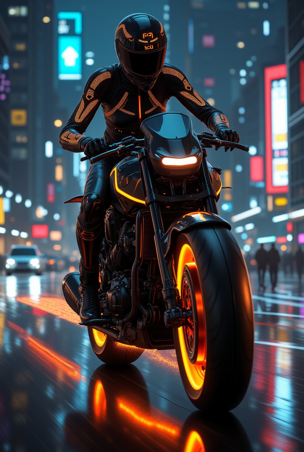 A captivating cyborg girl speeding through the illuminated streets of a futuristic city at night, her sleek motorcycle cutting through the darkness. She wears a form-fitting, black cyborg suit with intricate armor panels and flexible segments that allow for seamless movement. The suit is adorned with glowing orange neon lights, which pulse in rhythmic patterns, tracing along her arms, legs, and torso like streams of molten energy.

Her helmet is a perfect blend of style and technology, with an orange-lit visor that displays data overlays and glows against the city’s vibrant backdrop. The orange neon accents run along the seams and joints of the suit, highlighting its advanced design and her every movement, creating a dynamic, fiery effect as she weaves through traffic.

As she leans into a turn, the orange lights flare brightly, contrasting sharply against the black suit and the dimly lit streets, leaving a trail of amber light behind her. The city around her is a kaleidoscope of colors, but her figure stands out, a striking blend of technology and human agility, emanating a fierce, modern energy.
realistic,detailed,sharp focus,high contrast,masterpiece,best quality,trending on artstation,rule of thirds,depth of perspective,chiaroscuro lighting.ek_ph0t0_b00ster