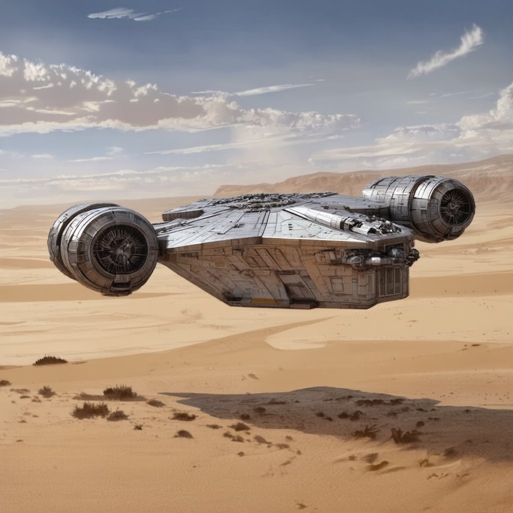 A starship, razor crest \(star wars\), landed on desert,front left view,top mounted wing,engine on each wing tip,

backdrop:desert,sand,sky,cloud,cityscape far away,

realistic,detailed,sharp focus,high contrast, ek_raz0r_cre5t,ek_rcfr0nt_left