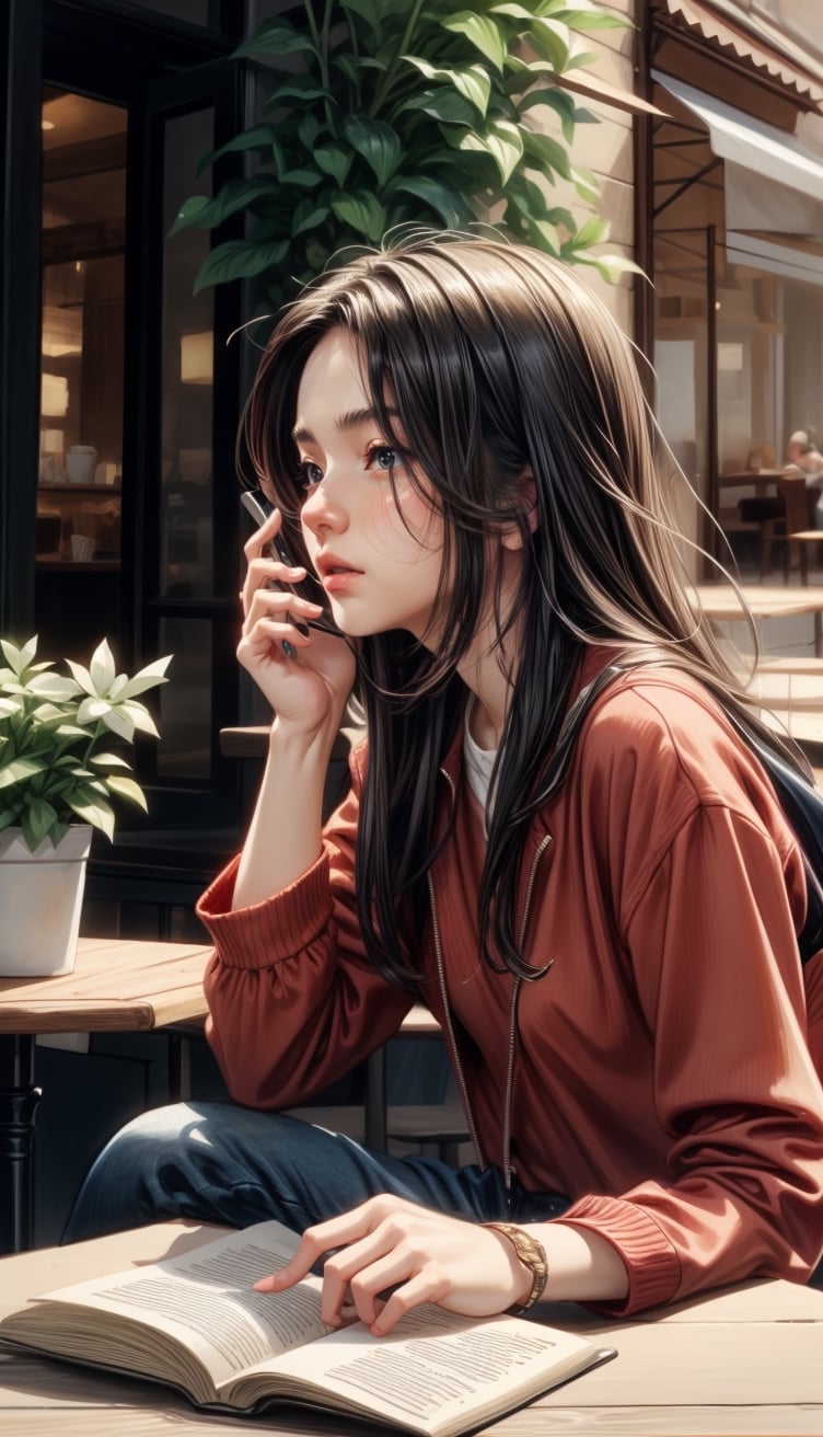 beautiful girl reading a book at a cafe,red clothes,watercolor,drawing by catherine kehoe,color by jenny saville,style affected by liu xiaodong,1 girl,kimtaeri