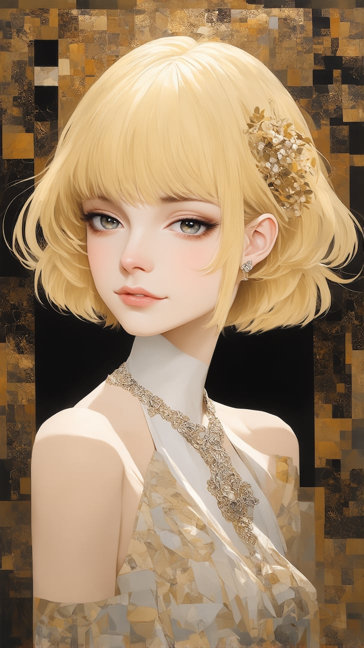 ((Anime Style)) of A sophisticated fashion model girl,short blonde hair,dynamic character,20yo,detailed exquisite face,parody,(patchwork art:1.3),

complex background,dynamic light and shadow,bold high quality,high contrast,Upperbody, vibrant colors,looking at viewer,by Gustav Klimt and [[karol bak]],ek_ptch_art,ek_ani_b00ster,ek_art_b00ster,