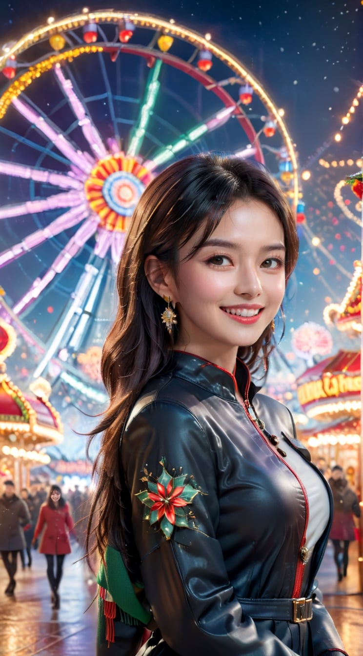 "Generate an image of a sophisticated and statuesque young woman (23yo) joyfully celebrating Christmas at an upscale amusement park. Dressed in elegant winter fashion, she exudes grace and charm amidst the enchanting lights and opulent decorations. The beautifully lit Ferris wheel stands tall in the background, adding a touch of luxury to the festive scene. The air is filled with the joyous melodies of holiday tunes, and the woman's radiant smile reflects the refined spirit of celebrating Christmas in a chic and lively amusement park setting." BREAK

(masterpiece,best quality,ultra-detailed,8K,intricate, realistic:1.3),(full body, wide shot:1.3),rule of thirds, vibrant colors,hourglass figure,smile,black hair,sharp nose,earrings,jewelry, shiny skin, detailed exquisite face,cinematic lighting,Aerial,1 girl,Color Booster, leonardo,style,cyberpunk style,greg rutkowski, aesthetic portrait,kwon-nara