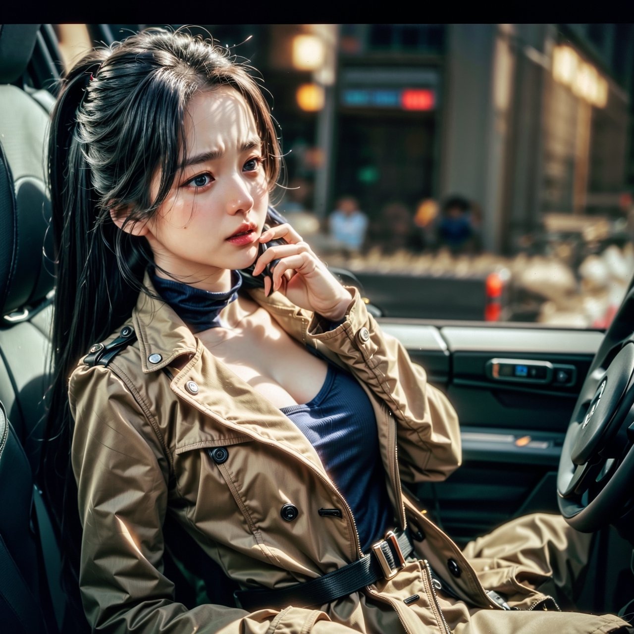 Wonder woman (sitting in the back seat of a cab), (receiving a phone call), trench coat, glasses, (red and blue wonder woman costume) under trench coat, Korean girl, 1girl, 23yo, high ponytail, [long] black straight hair, huge natural breasts, narrow waists, ,

 [very] sexy pose, [close-up shot], cinematic lighting, (at night:1.4), low camera angle, ,

(normal body structure):1.2, (correct proportions):1.2, (normal limbs and fingers):1.2, (better_hands):1.5, 
masterpiece, best quality, photorealistic, high resolution, 8K raw photo, kimtaeri