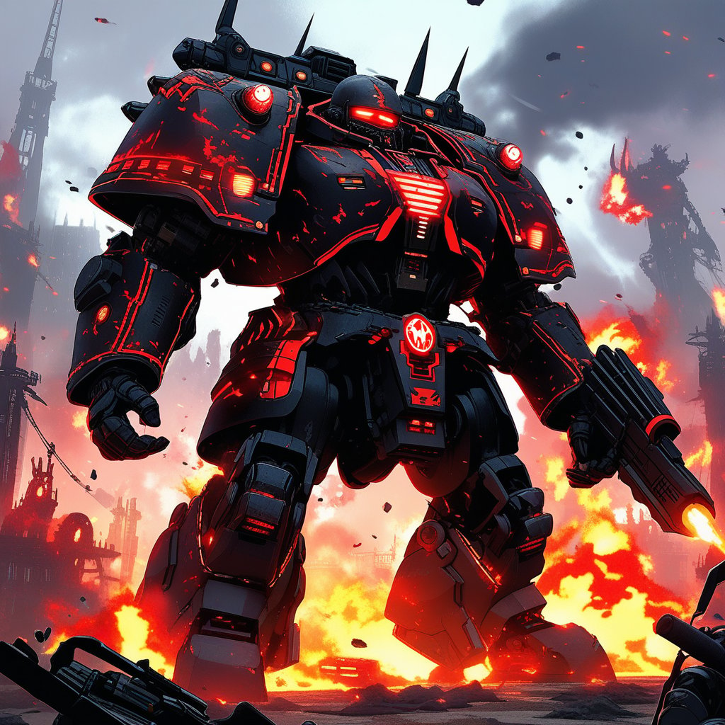 a Warhammer 40k IMPERIUM Skorpek Destroyer \(ek_ct4k\) standing in a battle field,black and red colored armor,ek_game_3ffect,blurry city background,explosion,fire,flame,dynamic angle,anime style by Makoto Shinkai,ek_ph0t0_b00ster, ek_an1_b00ster,upper body shot