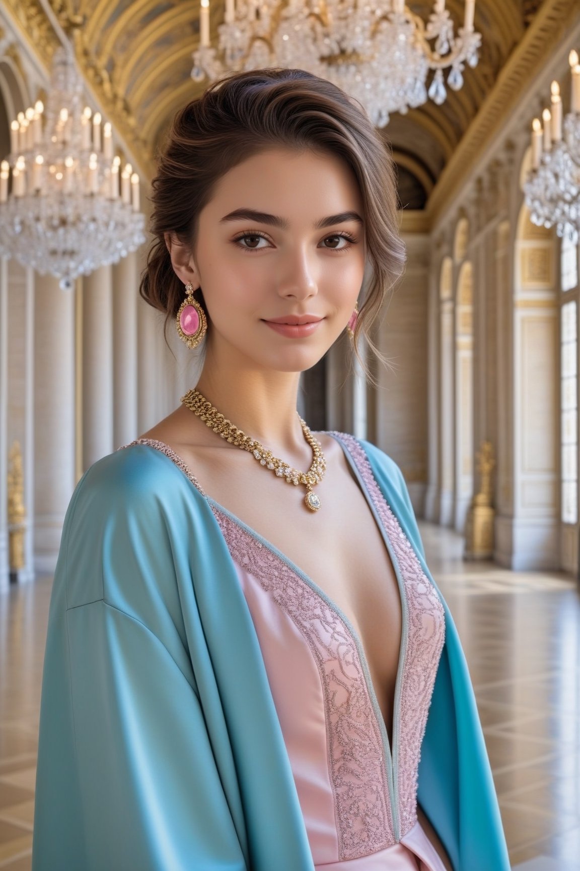 Hyper-Realistic photo of a french girl taking a selfie with her iphone,20yo,1girl,perfect female form,perfect body proportion,perfect anatomy,cyan white and pink color,elegant jacket and skirt,detailed exquisite face,soft shiny skin,smile,mesmerizing,short hair,small earrings,necklaces,chanel bag
BREAK
(backdrop of Palace of Versailles,indoors,chandelier:1.2),(fullbody:1.2),(highheels:1.2),girl focus
BREAK
(rule of thirds:1.3),perfect composition,studio photo,trending on artstation,(Masterpiece,Best quality,32k,UHD:1.5),(sharp focus,high contrast,HDR,hyper-detailed,intricate details,ultra-realistic,award-winning photo,ultra-clear,kodachrome 800:1.3),(chiaroscuro lighting,soft rim lighting:1.2),by Karol Bak,Gustav Klimt and Hayao Miyazaki,real_booster, photo_b00ster,ani_booster