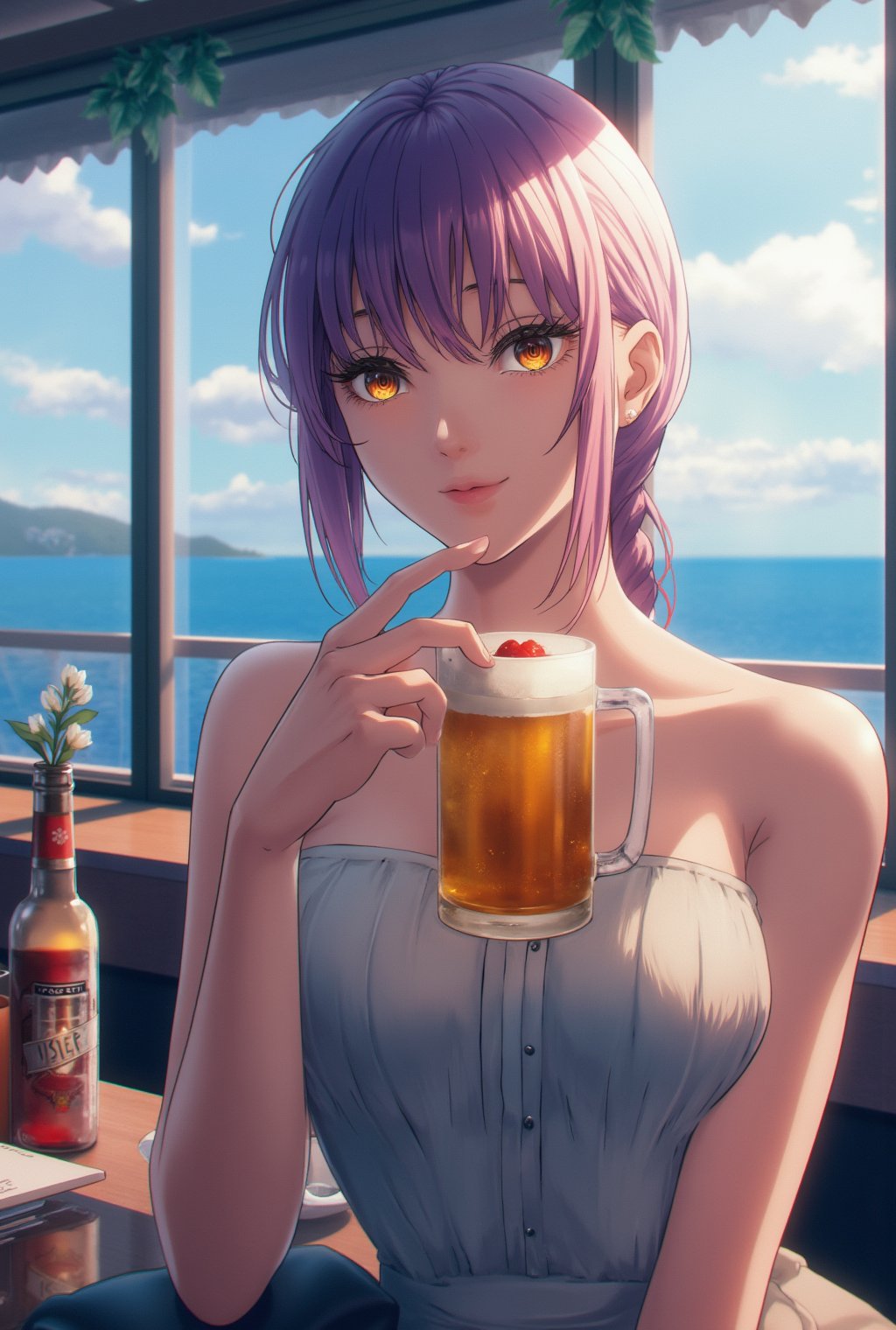 Anime of a beautiful woman in a cafe,Makima  lookalike,exquisite face,soft shiny skin,elegant dress,[Royal Blue,Lilac Blush,Gold Raspberry and Ivory colors],backdrop of oceanview cafe,window,table,beer mug,bottle,flower,realistic,detailed,sharp focus,high contrast,rule of thirds,chiaroscuro lighting,by the style of makoto shinkai's artworks,,ek_art_b00ster,ek_an1_b00ster,flux_makima