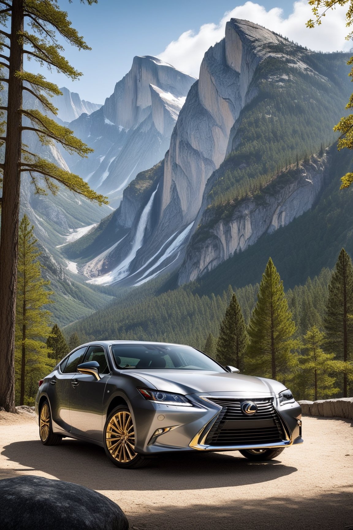 ((Ultra-realistic)) photo of Lexus ES300h,metallic grey color,shiny spinning wheels,glossy gold alloy rims with silver edge,bright turned on head lights
BREAK
(backdrop of yva11ey2,beautiful mountain with rock,tree,forest,vivid colors),depth of perspective,(wide shot),front view
BREAK
sharp focus,high contrast,studio photo,trending on artstation,rule of thirds,perfect composition,Hyper-detailed,masterpiece,best quality,H effect,photo_b00ster, real_booster,more detail XL,y0sem1te,yva11ey2