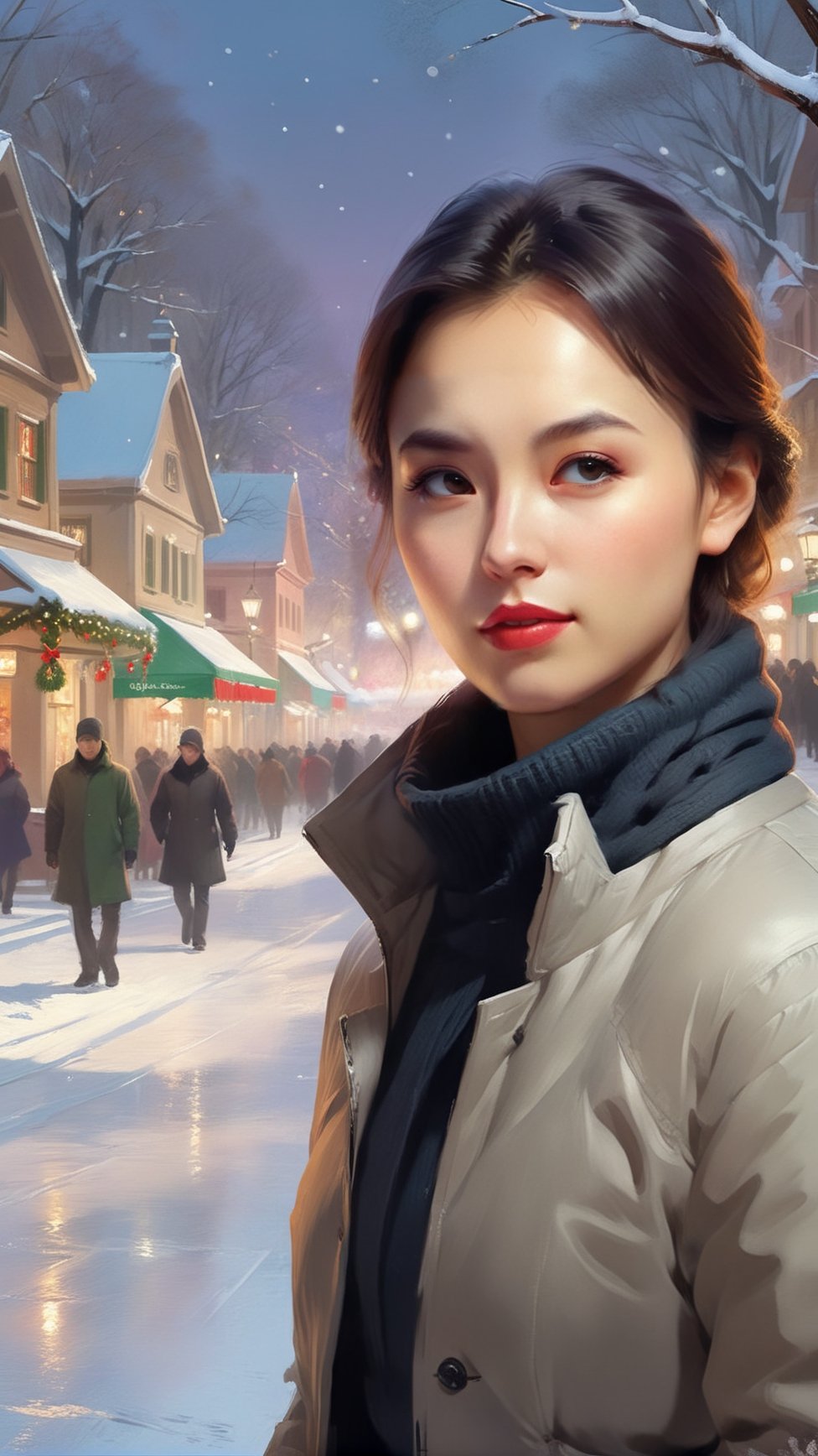 Create AI art portraying the beautiful 23yo girl in a Christmas setting, a snowy park adorned with twinkling lights and festive decorations. Picture her strolling along a path surrounded by glistening snow, with the soft glow of holiday lights casting a warm and magical ambiance. The scene should evoke a sense of tranquility and joy, capturing the essence of a peaceful Christmas moment in a charming winter landscape.digital painting,greg rutkowski,han-hyoju-xl