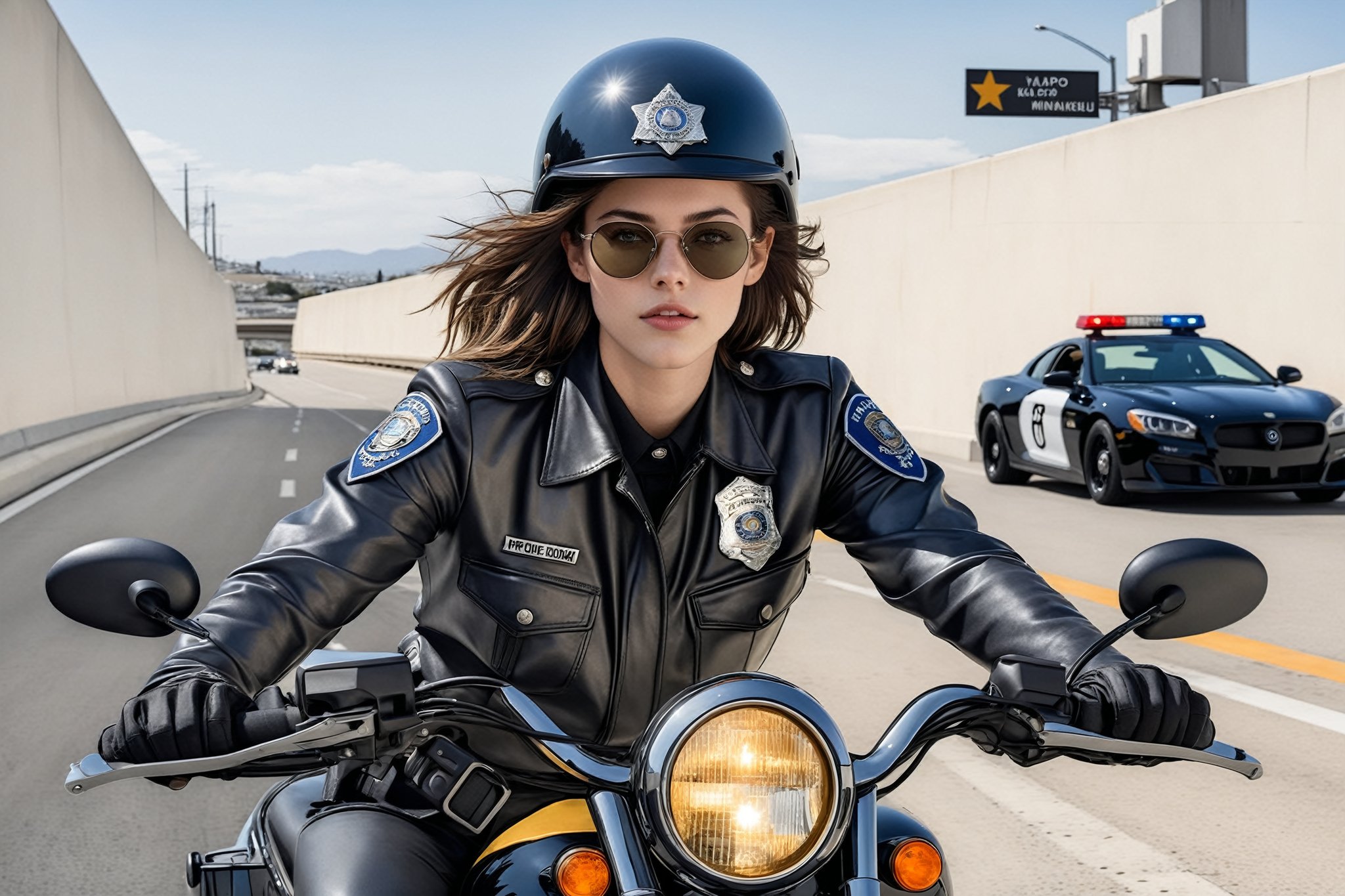 Hyper-Realistic photo of a beautiful LAPD police officer riding a police highway patrol motorcycle,20yo,1girl,solo,detailed exquisite face,soft shiny skin,lips,smile,looking at viewer,Kristen Stewart lookalike,LAPD police highway patrol uniform,helmet,sunglasses,fullbody:1.3 
BREAK backdrop:highway,bridge,city view,sky,[cluttered maximalism]
BREAK
settings: (rule of thirds1.3),perfect composition,studio photo,trending on artstation,depth of perspective,(Masterpiece,Best quality,32k,UHD:1.4),(sharp focus,high contrast,HDR,hyper-detailed,intricate details,ultra-realistic,kodachrome 800:1.3),(cinematic lighting:1.3),(by Karol Bak$,Alessandro Pautasso$,Gustav Klimt$ and Hayao Miyazaki$:1.3),art_booster,photo_b00ster, real_booster