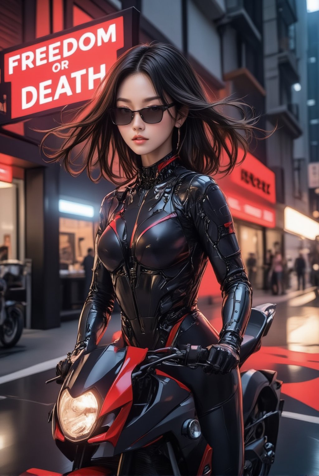 a cyborg girl in mecha armor. Black and red colored armor. neon light lines glowing, exquisite face, soft shiny skin, longhair blowing, sunglasses. riding a motor cycle, kawasaki ninja h2 carbon at high speed,city street backdrop,puddles,focused expression,dark,((Big neon light saying "Freedom or Death" in the background))
BREAK
realistic,detailed,sharp focus,high contrast,rule of thirds,depth of perspective,award-winning photo,chiaroscuro lighting,ek_g1rl_02,ink style