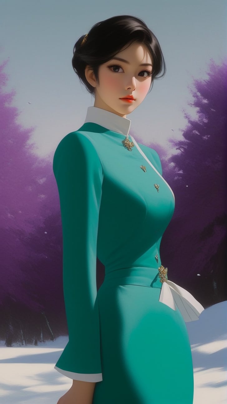 portrait of a sophisticated girl,20yo,standing in snow road,alluring neighbor's wife,clear facial features,detailed exquisite face,perfect female form,hourglassfigure,elegant jacket on dress,detailed backdrop,(Purple,Turquoise,Gold,Cream color),
trending on artstation,perfect composition,cinematic lighting,anime vibes, Haruno sakura,(close up),by Karol Bak, Alessandro Pautasso and Hayao Miyazaki
BREAK A realistic photo of snow road in winder resort1,snow,tree,winter resort1